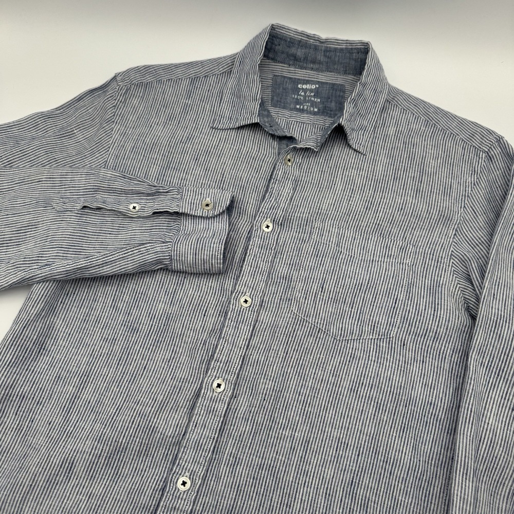 Celio Le Lin Women's Size Medium Long Sleeve Shirt Button Up Striped 100% Linen